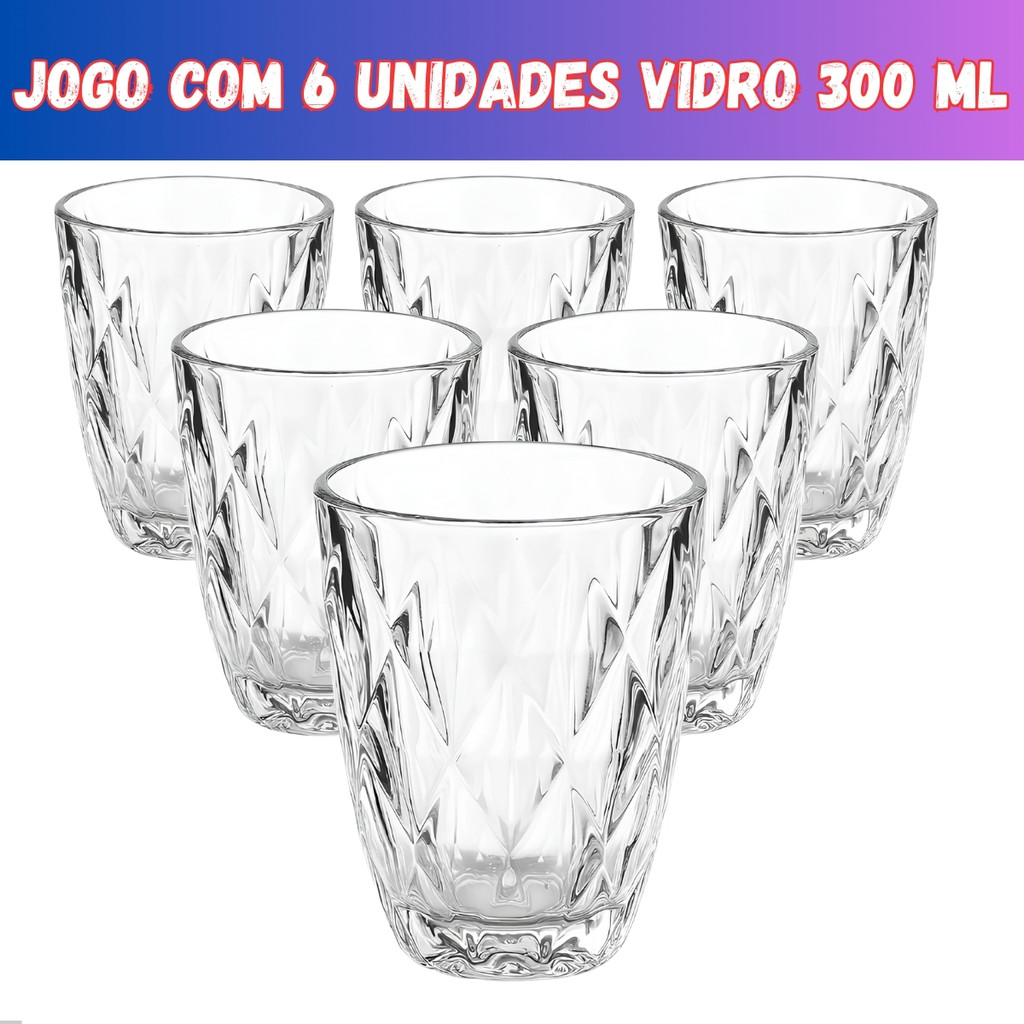 Jogo 6 Copos Baixos Diamond 300ml Vidro Grosso Diamante Luxo