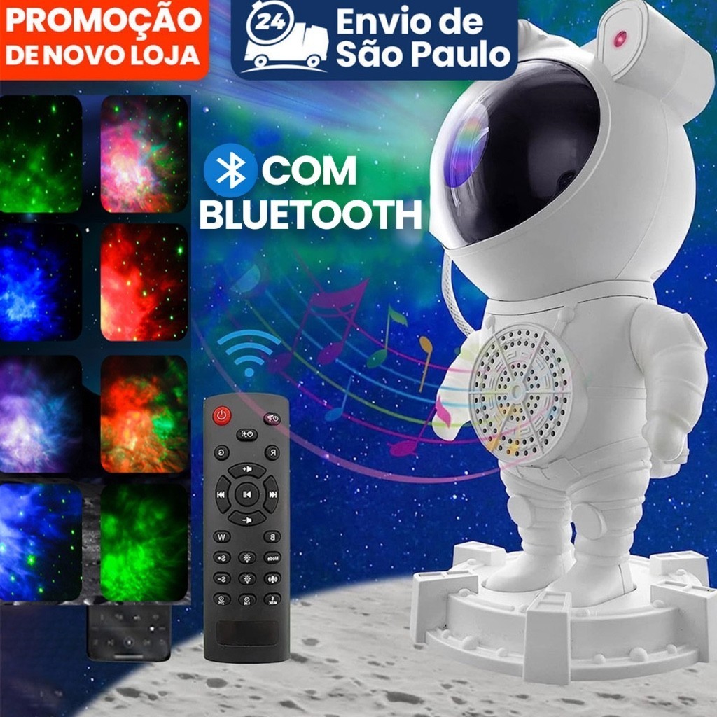 Luminária E Projetor Estrela Lua Astronauta Caixa De Som Bluetooth