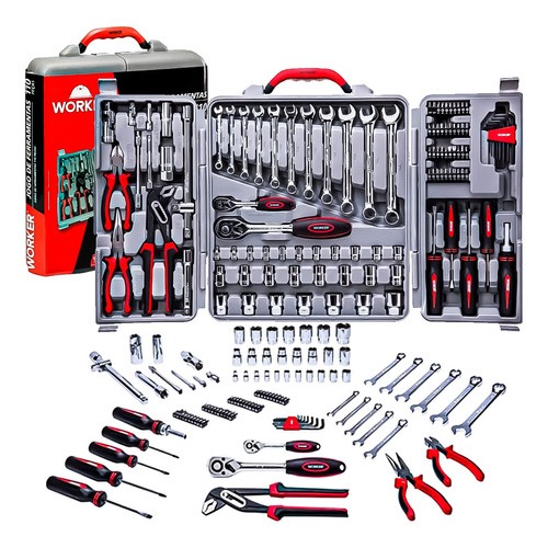 Kit Jogo De Ferramentas Maleta Com 110 Peças Soquete Chave Completo Worker Cinza Aço Cromo Vanádio