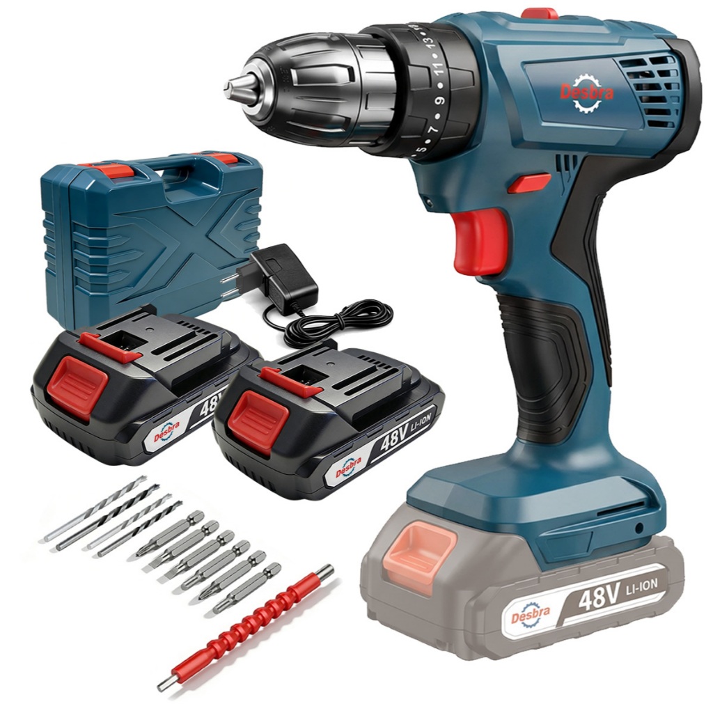 Furadeira Parafusadeira Profissional 48V Sem Escova Alto Torque Kit com 2 Baterias Carregador Rápido