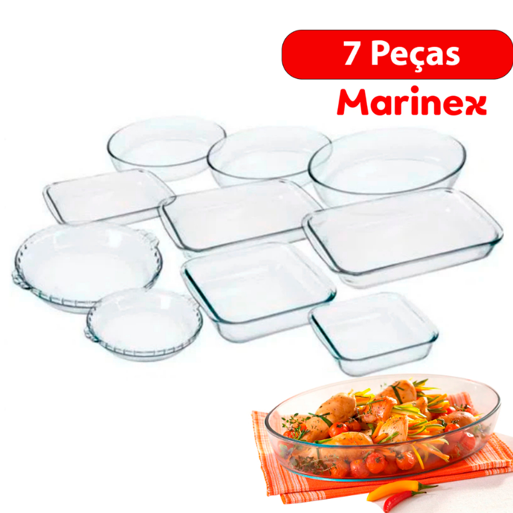 Conjunto Marinex  KIt  Jogo de Travessas 7 peças Variadas em Vidro Temperado próprias P/ Forno