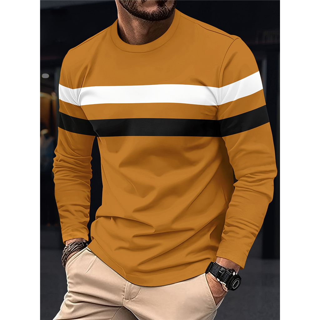 Camiseta Masculina Colorida Em Bloco , Confortável De Manga Comprida Com Gola Redonda , Roupas Masculinas Para Atividade