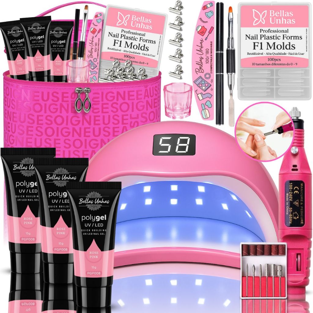 Kit Alongamento Unhas Polygel Cabine Sun5 Lixadeira Elétrica Necessaire Molde F1 - Envio Imediato