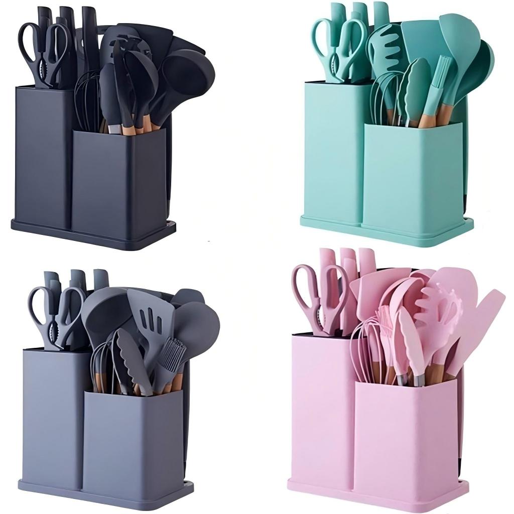 Kit 19 Peças Jogo de Utensílios Para Cozinha em Silicone Com Cabo de Madeira Completo