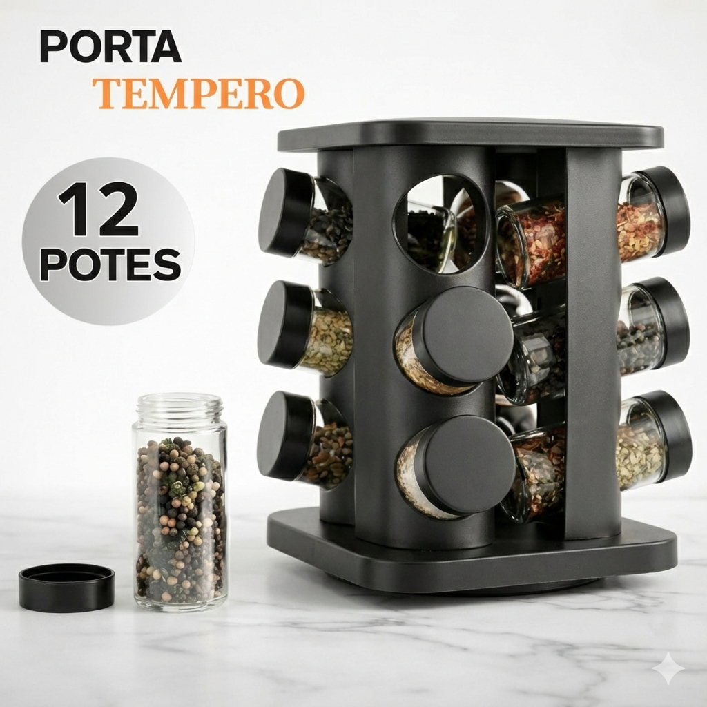 Porta Temperos Condimentos Giratório 12/09/06 Potes Vidro com Tampa Dosadora Preto para Cozinha