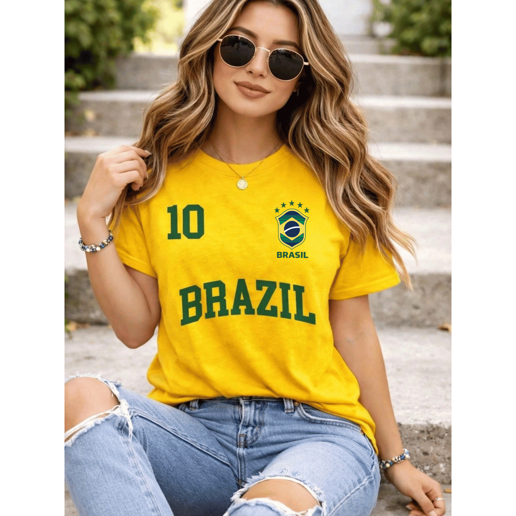 Camiseta Feminina Do Brasil Copa Do Mundo Casual T-shirt Verde e Amarela 100% Algodão