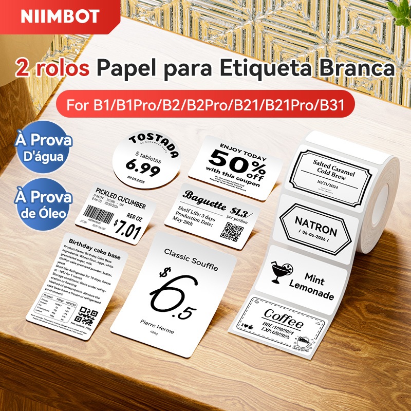 【2 Rolos】 De Papel Etiqueta Branca Niimbot B21/B1 Preço Da Mercadoria De Roupas Autocolante De Alimentos À Prova D'água
