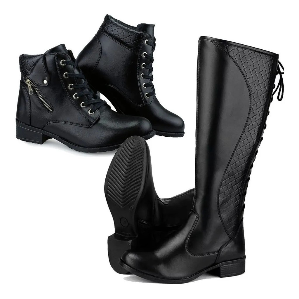 Kit 2 Pares Bota Coturno Feminino Cano Baixo e Cano Alto Confortável