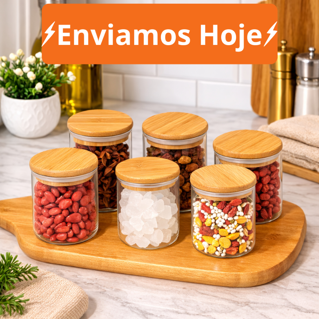 Kit Ate 12 Pote de Vidro com Tampa Bambu 180ML Potes Herméticos Porta Mantimen Hermético à Prova  Odores