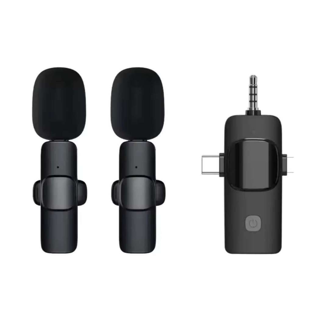 Microfone 3 in 1 Lapela Duplo Sem Fio Entra P2  Type-C e lightning Para Celular Eletro Mex EL-1836