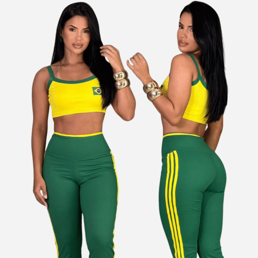 Conjunto Feminino Brasil Cropped Alcinha Calça Flare Cintura Alta Look Copa Casual
