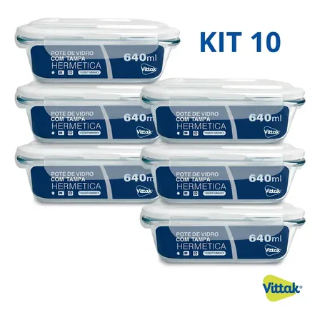 Vittak Kit 10 Potes Vidro Hermético Com 4 Travas Marmita Microondas Freezer Transparente 640ml