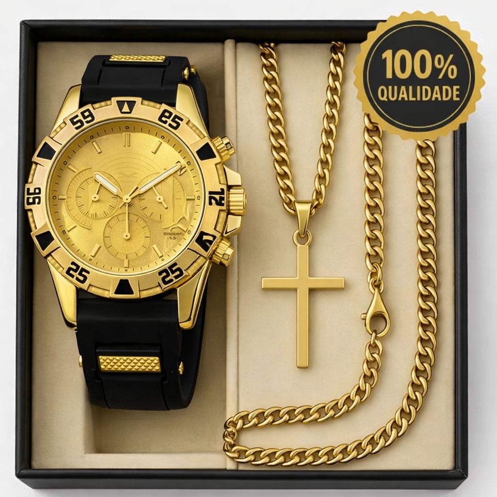 Kit Relogio Masculino Banhado a Ouro Original + Pingente + Colar com Cruz + Pulseira Premium