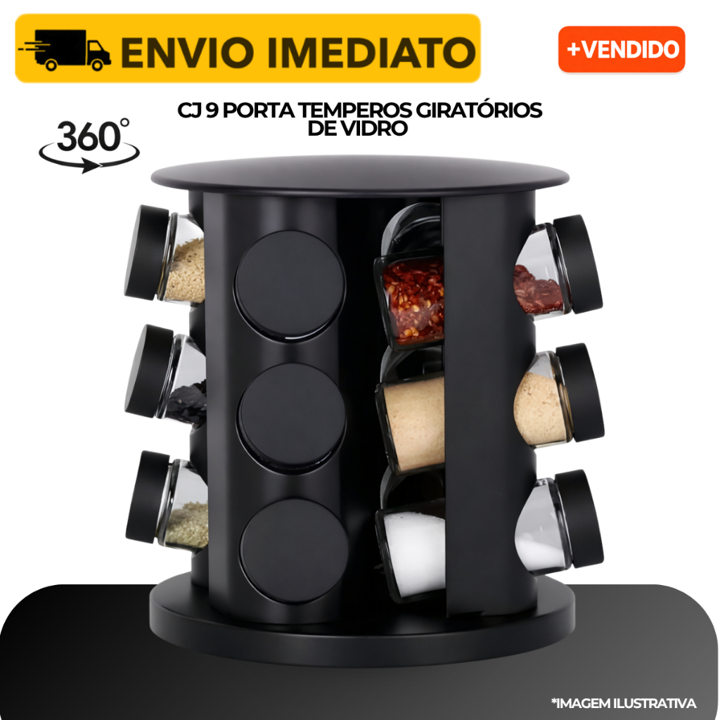 12/9/6 Porta Tempero Giratorio Condimentos Preto Vidro Reforçado - Conjunto