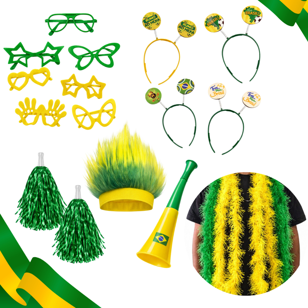 Kit Torcida Brasil Copa do Mundo 30 Itens BR Óculos, Tiara, Peruca, Corneta e Pom Pom Hexa