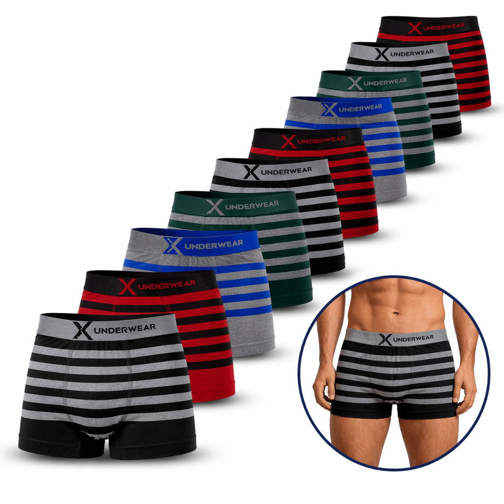 Kit com 5 ou 10 Cueca Boxer Listradas Microfibra Ultra Confortável Masculina Adulto Diversas Cores