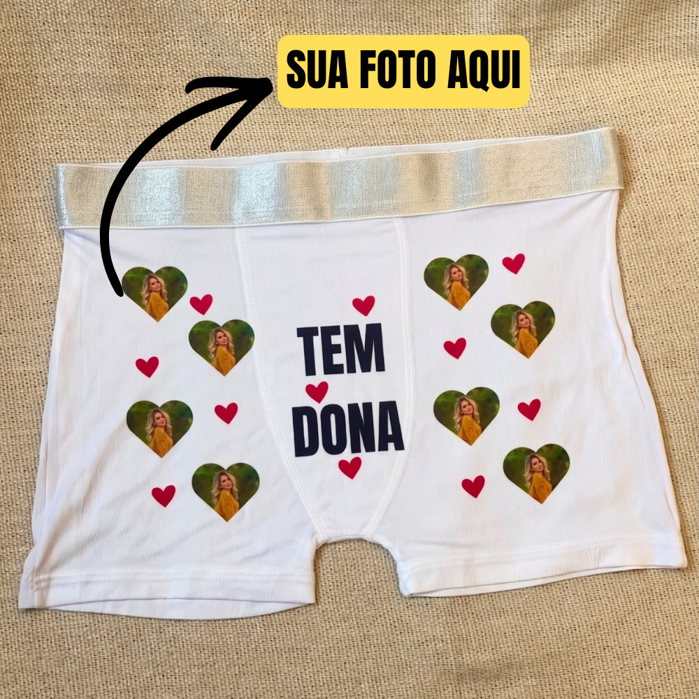 Cueca Branca Boxer Personalizada com Sua Foto Presente Tem Dona