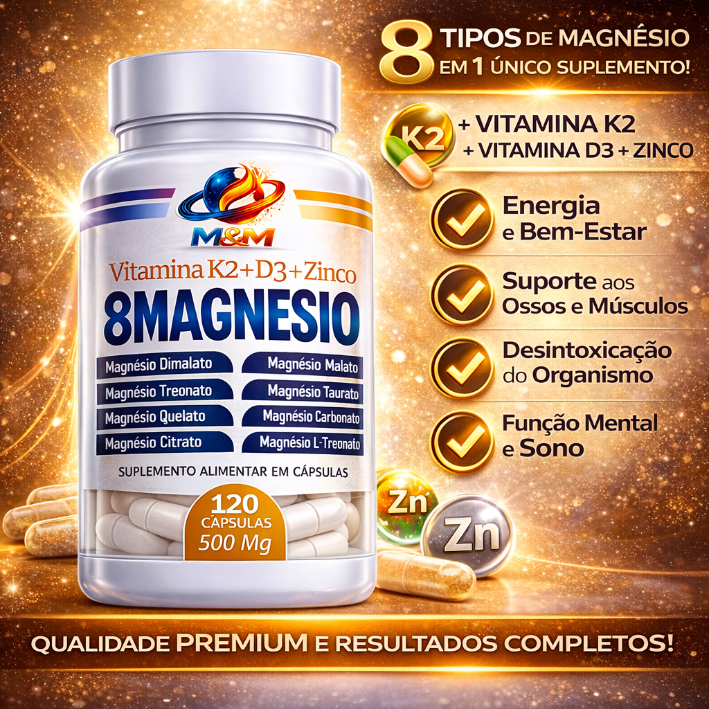 8 Magnésios + Vitamina K2 D3 Zinco 500mg 120 Cápsulas | Magnésio Dimalato, Treonato, Citrato lirius