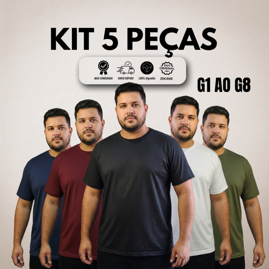 Kit Camisetas Plus Size 100% algodão Masculina Manga Curta - G1 ao G5 - Camisas Grandes