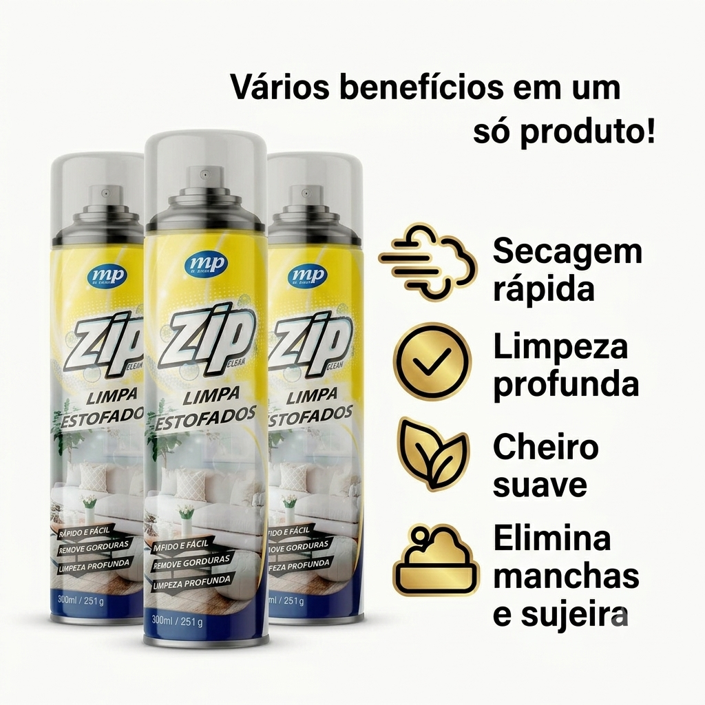 Limpa Estofados Zip Clean 300ml – Espuma Mágica a Seco p/ Sofá, Carro, Colchão Tapete Envio Imediato