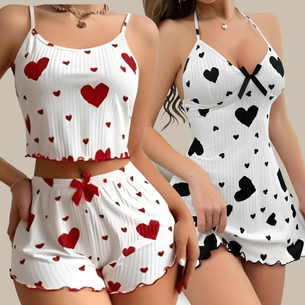 Kit 2 Peças Camisola + Pijama Baby Doll Feminino Sexy Lingerie Estampado Coração