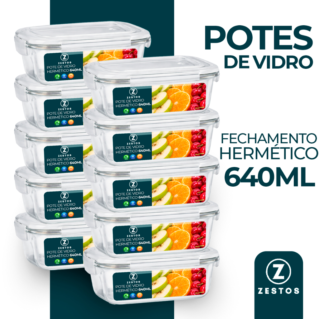 Conjunto Potes 640ml Vidro Hermético 4 Travas Fitness Alta Vedação Marmita