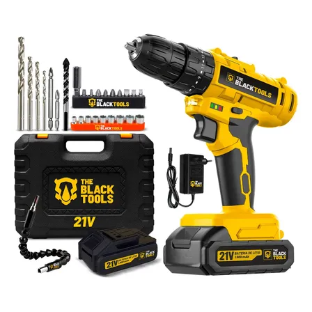 Parafusadeira Furadeira De Impacto A Bateria 21V 3/8” Bivolt 1400 Rpm Com Acessórios E Maleta TB-21PZW The Black Tools