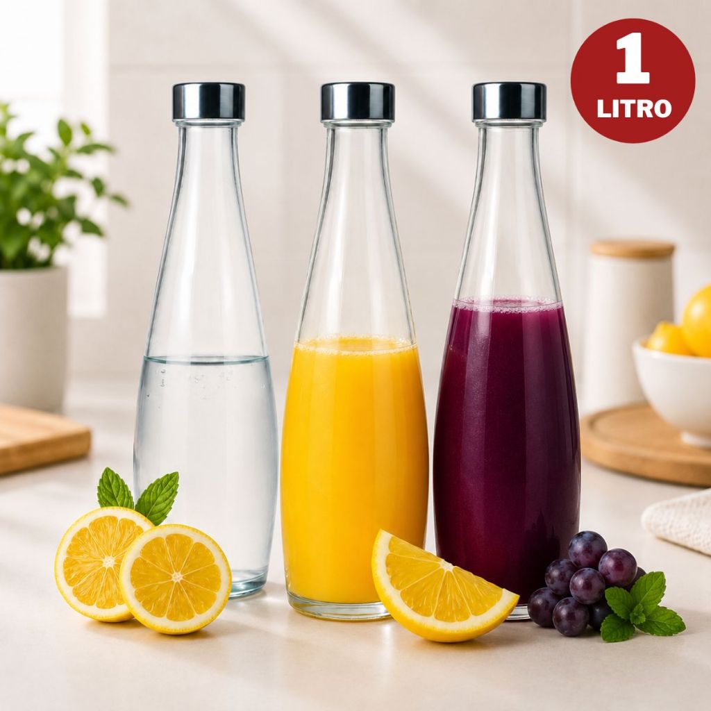 Garrafa de Vidro 1 Litro Tampa Inox Para Água Suco Chá Geladeira Jarra Fechamento Hermético