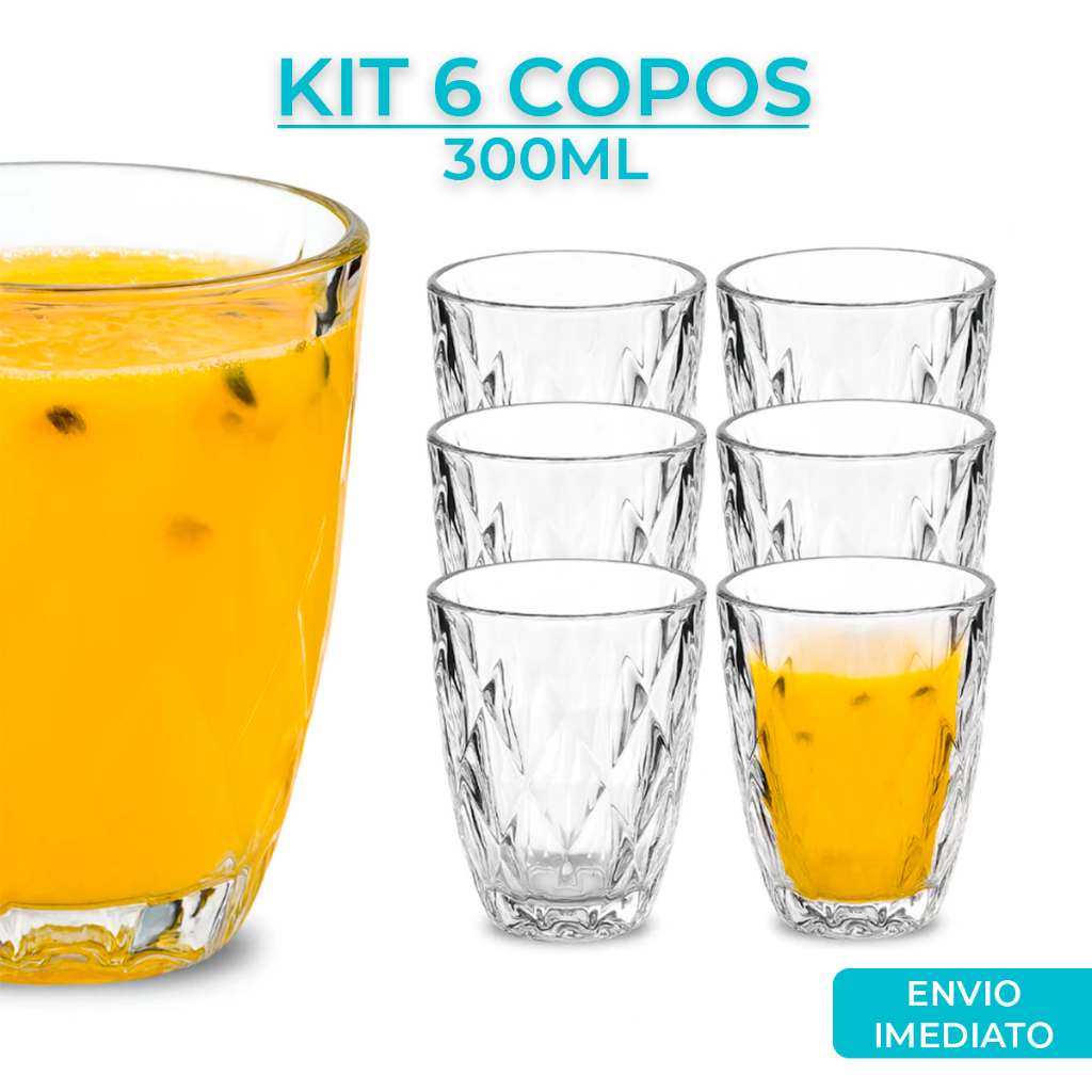 Jogo 3/6 Copos Baixos Diamond 300ml Vidro Grosso Diamante Luxo