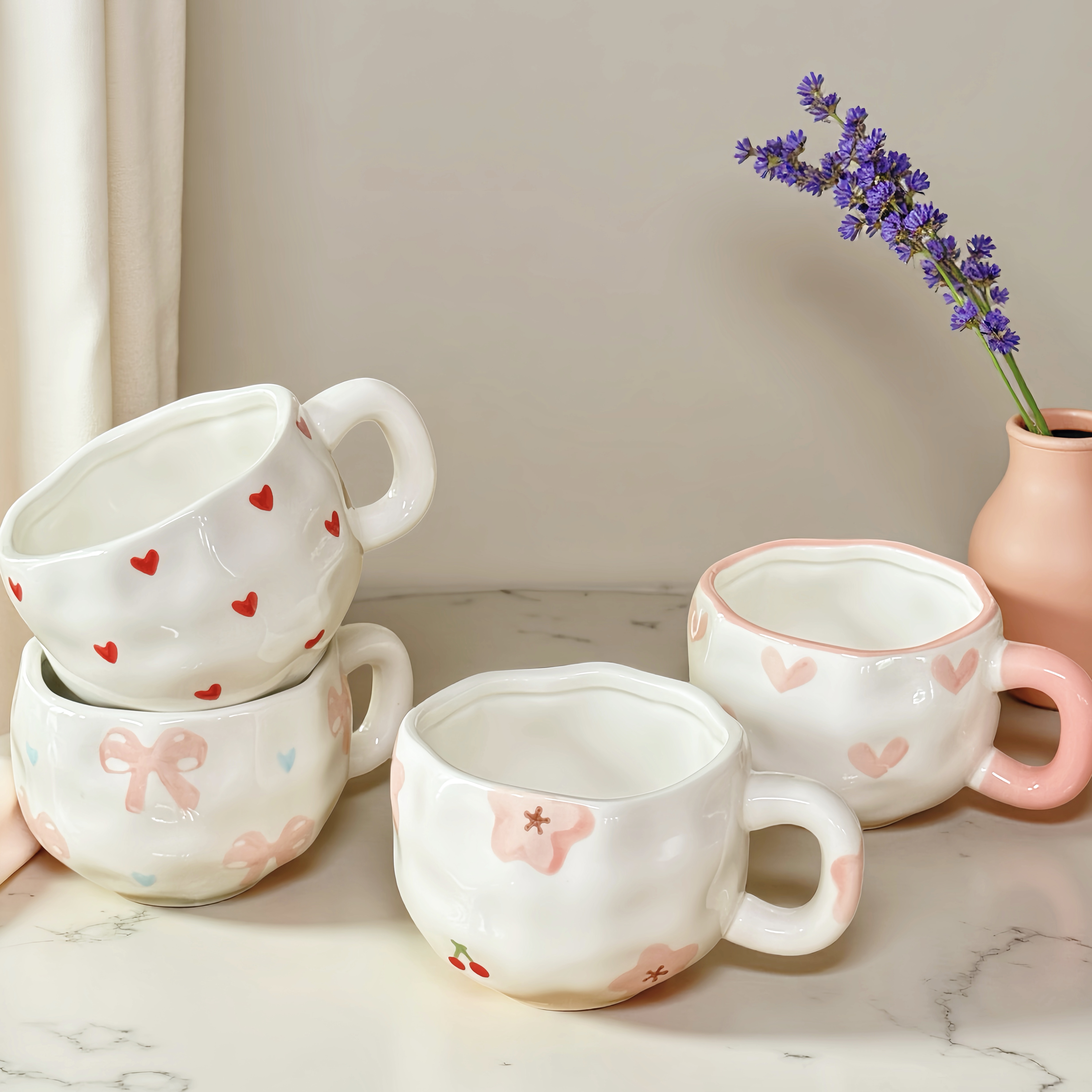 Conjunto De Caneca E Pires De Cerâmica Com Arco Pintado À Mão , Xícara De Chá De Café Fofa Para Escritório Doméstico