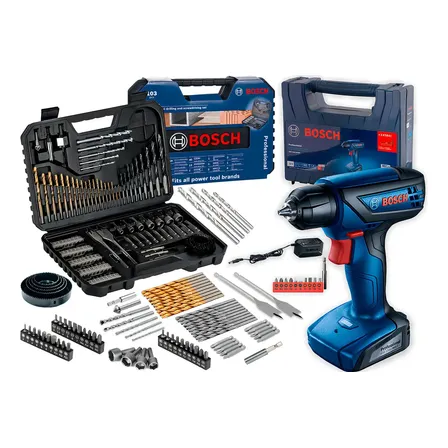 Furadeira Parafusadeira Sem Fio De 6mm Bosch Gsr 1000 Smart C/ Maleta + Jogo Kit Pontas Brocas 103 Peças Bosch