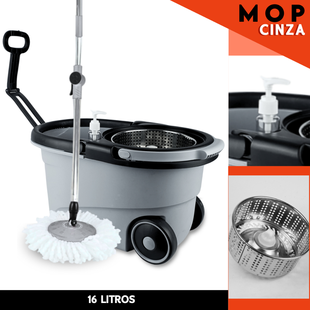 Mop Giratório Com Cesto Em Inox Cinza - Cabo 150cm - Completo - AV