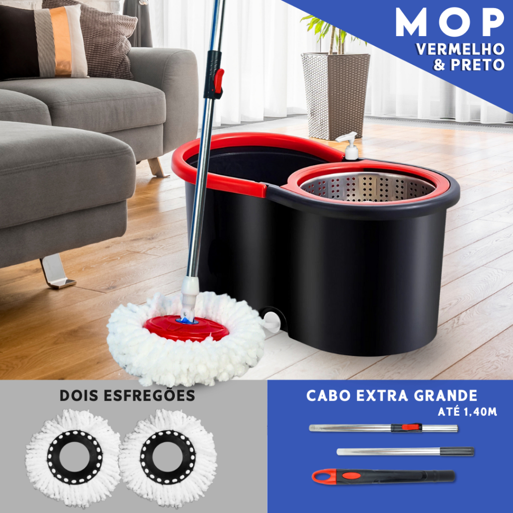 Mop Giratorio Com cabo de 140 cm Cesto Em Inox - Balde Centrífuga - C/2 Refil - Mazzal