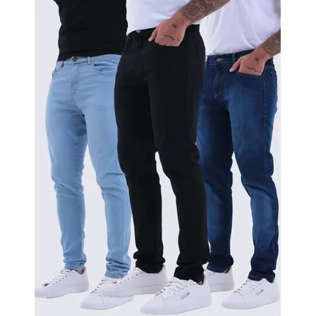 Kit 3 Calças Jeans Skinny Masculina Com Lycra Estica Bem Nf Azul Claro Cinza Preta 42