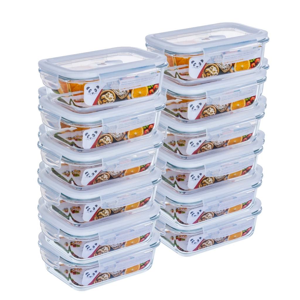 Kit Potes Herméticos Porta Mantimentos Vidro Retangular 640ml 370ml Marmita Fitness GP Home