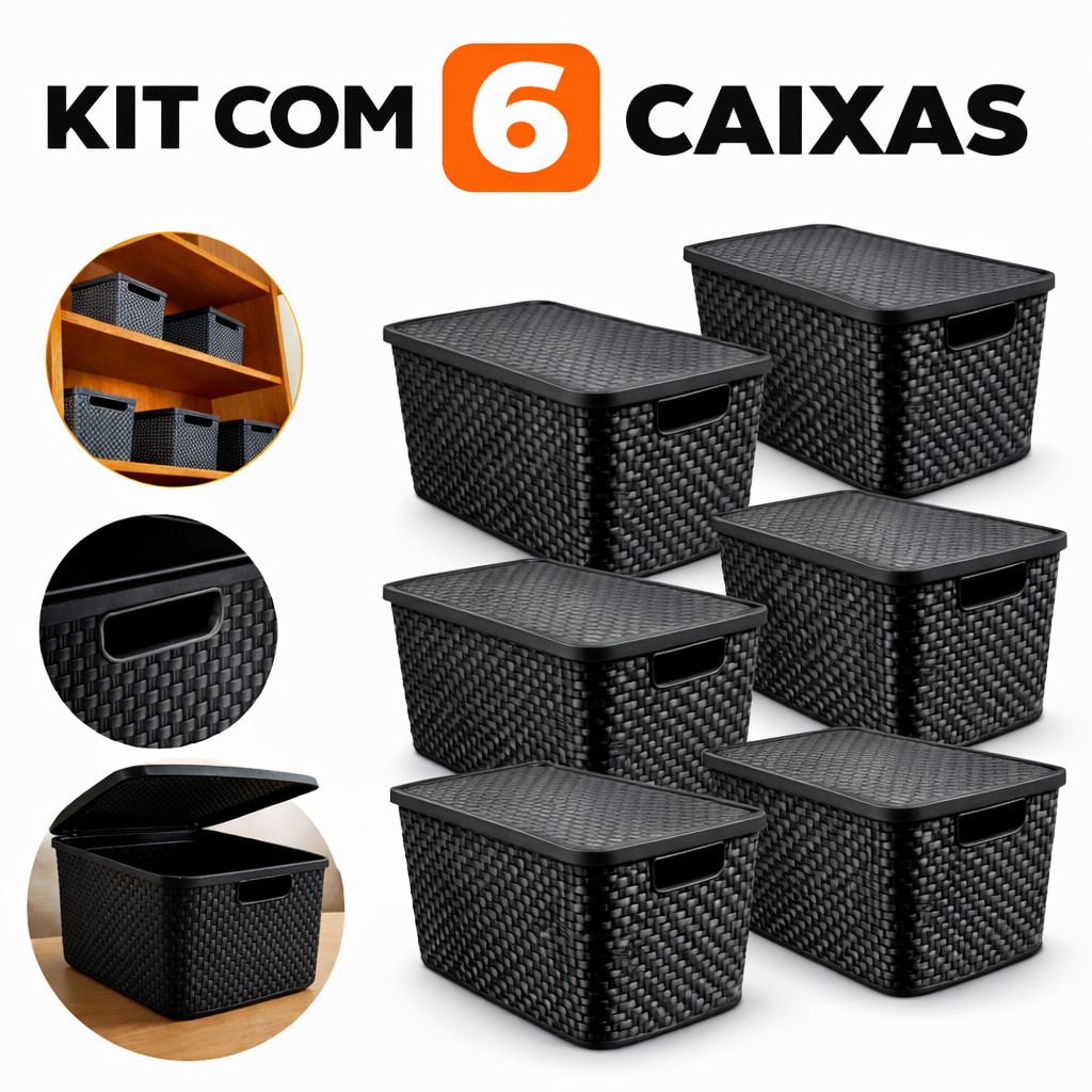 6 CAIXAS ORGANIZADORAS RATTAN 7 Litros PRETO Com TAMPA ARQPLAST
