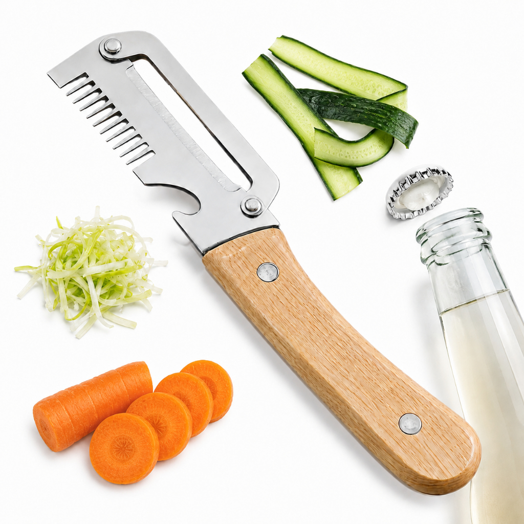Descascador De Legumes 4 em 1 Cortador Julienne Aço Inox 304 Cabo Madeira Abridor de Garrafas