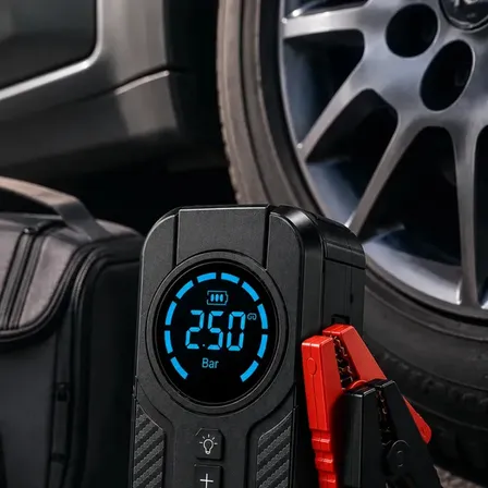 Auxiliar De Partida Para Carro Compressor De Ar Portátil 12V 4 funções em 1 Inflador Digital Calibrador De Pneu Power Bank Lanterna LED Emergência Automotiva Moto SUV Bicicleta Caminhonete MidiaFone