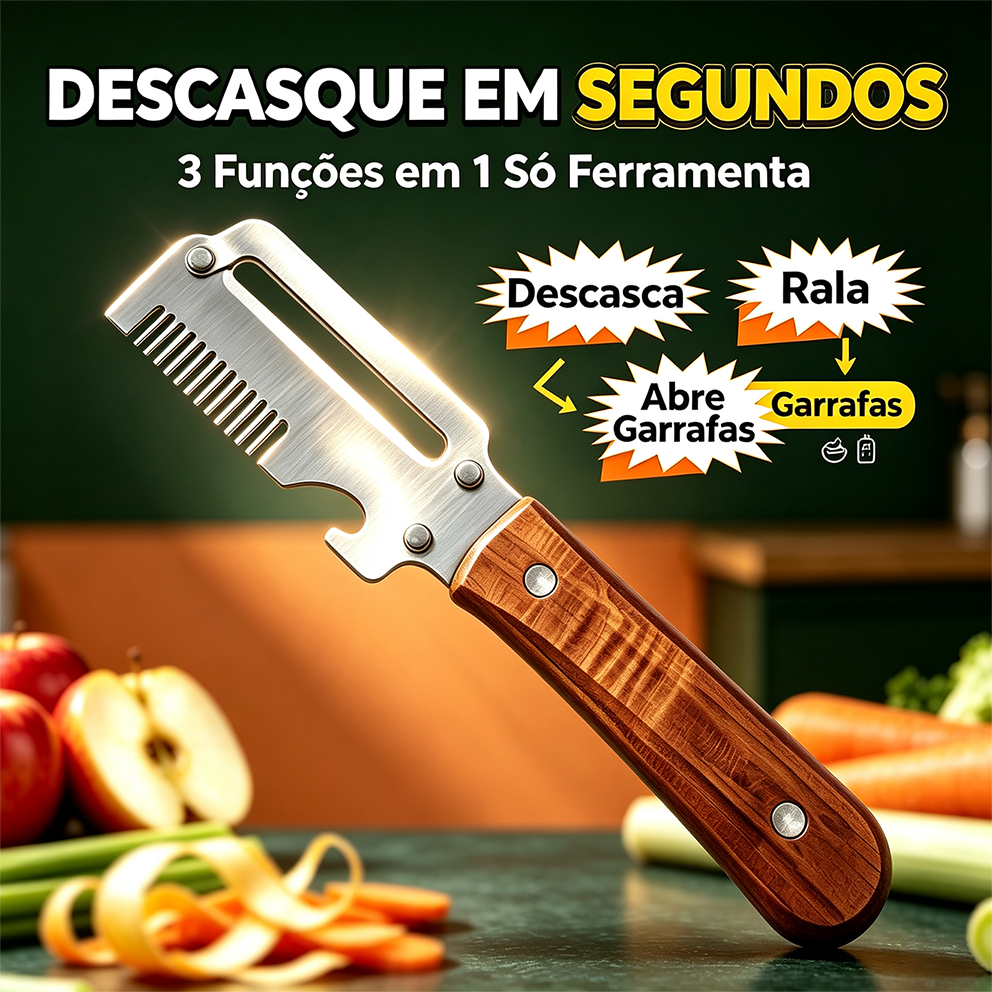 Faca Descascadora 3em1 Inoxidável, Ralador e Abridor, Cabo Madeira Ergonômico para Batata, Cenoura, Cebola e Frutas