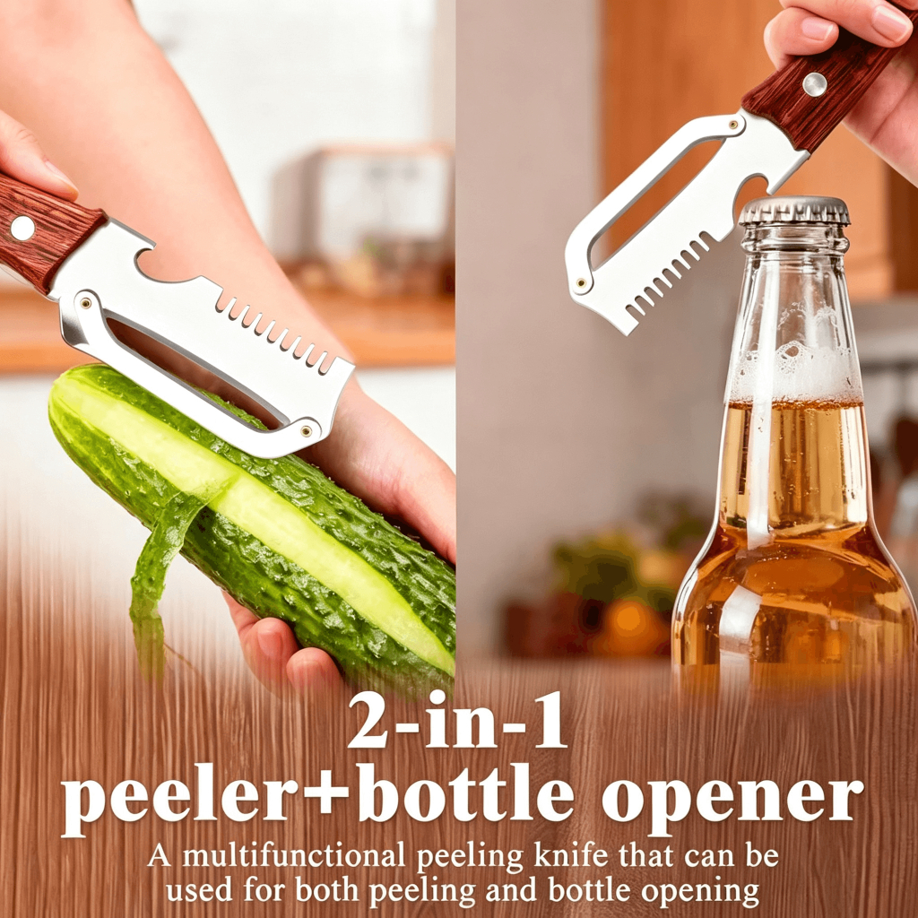 3-in-1 304 Stainless Steel Peeler with Wooden Handle, Vegetable Julienne & Bottle Opener, Kitchen Home