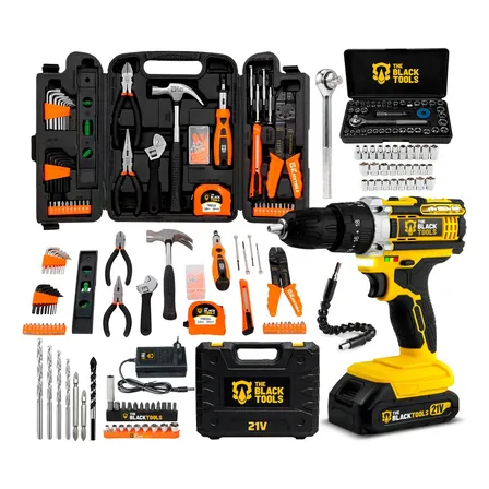 Furadeira Parafusadeira De Impacto A Bateria Sem Fio 21v 3/8 Com Jogo De Ferramentas 169 Peças Maleta The Black Tools