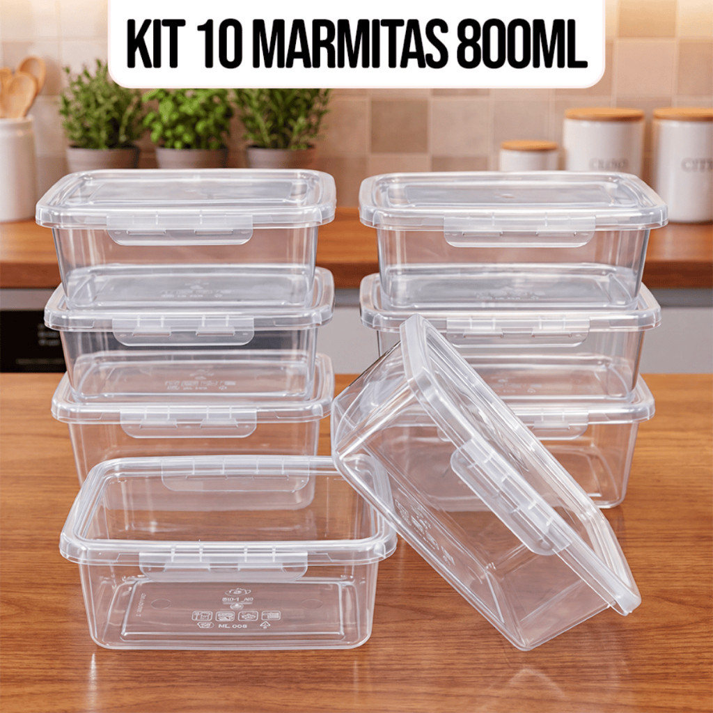 Kit 10 Marmitas Potes 800ml Travas Laterais hermeticas  Livres de BPA Alimentos organiza congelador - KAZIVA