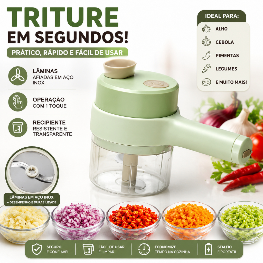Triturador Elétrico 4 em 1 USB Sem Fio Cortador de Alho e Legumes Mini Processador de Cozinha FE06