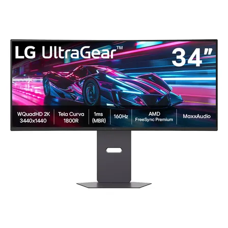 Monitor Gamer LG UltraGear Curvo 34" QuadHD 2K, UltraWide 1800R, 160Hz, 1ms (MBR), AMD FreeSync Premium, HDR10, MaxxAudio, Preto -34G600A