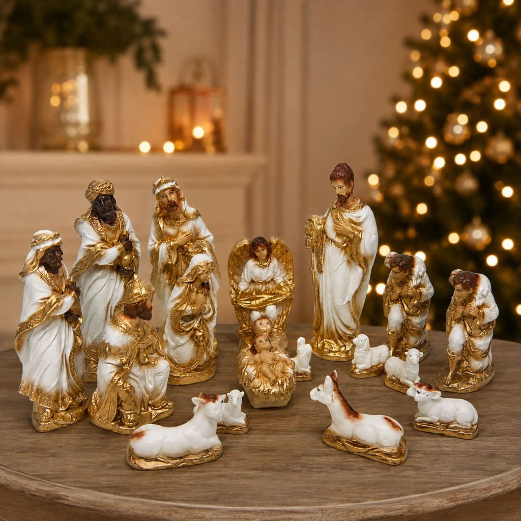 Kit Presépio De Natal Gesso Decoração 15 Peças Completo 20cm