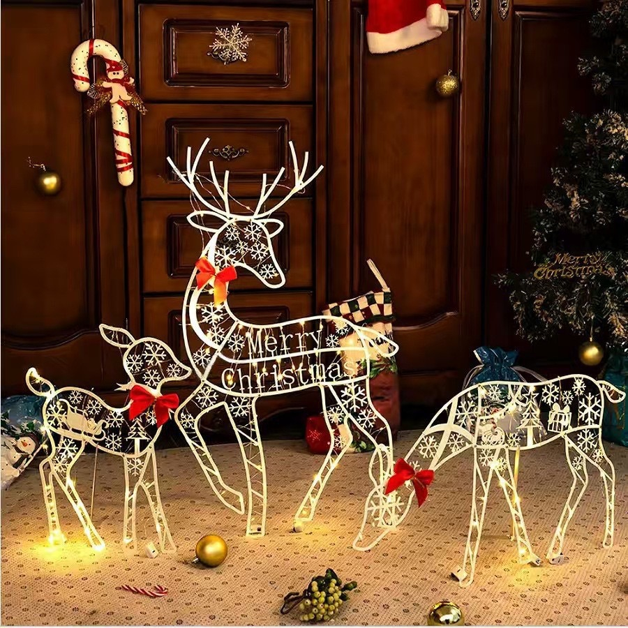 Kit Rena de Natal Iluminada - 3 Tamanhos (78/66/45cm) com Laço, Decoração LED para Sala, Varanda e Árvore de Natal N8