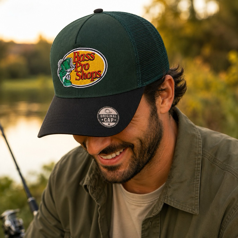 Boné Bass Pro Shops Original  Trucker bordado pescador, peixe aba curva boné de telinha respirável