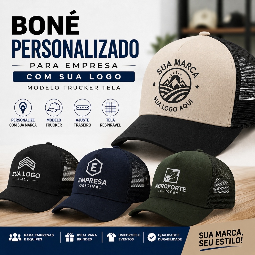 Boné Personalizado para Empresa com Logo e Tela Trucker