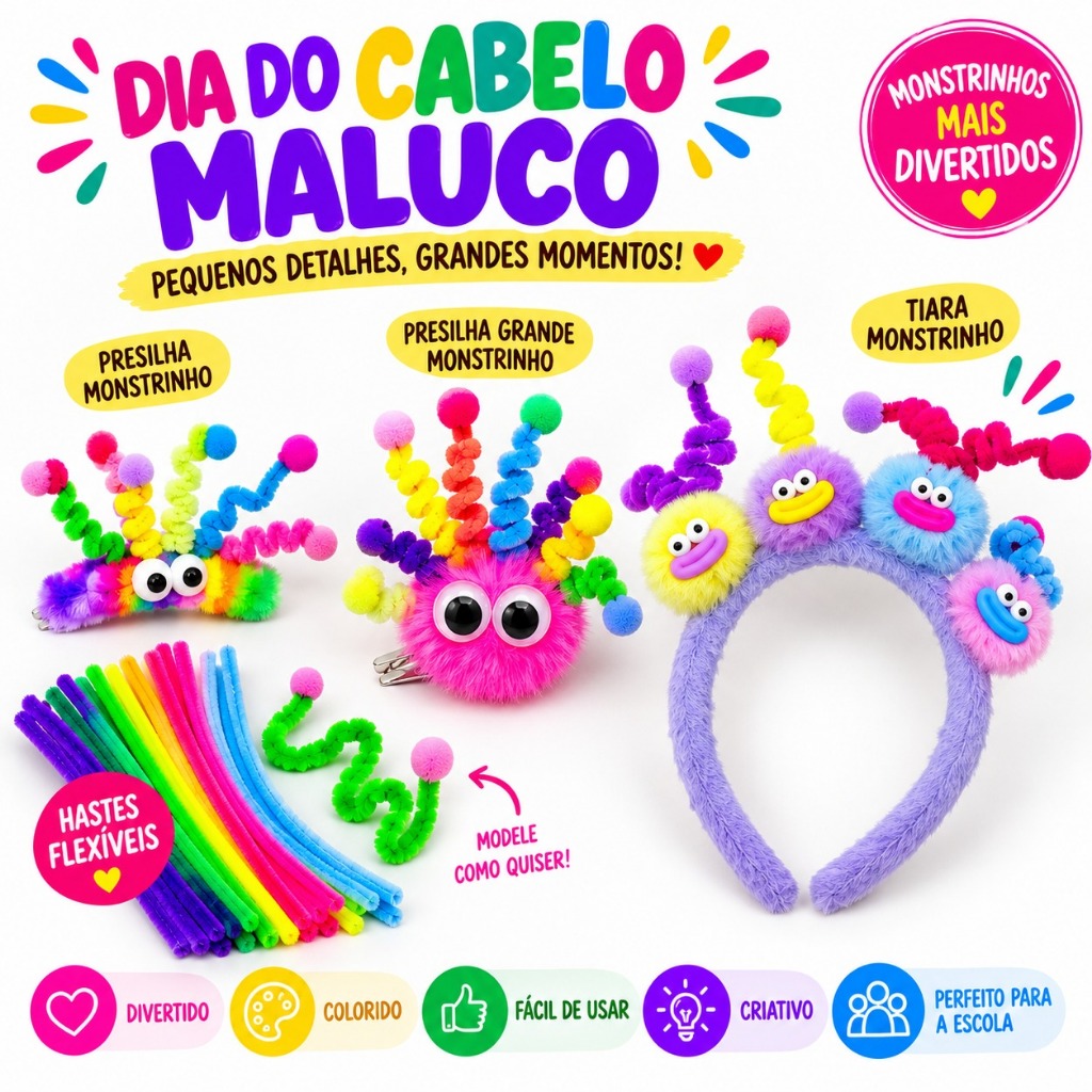 Cabelo Maluco Infantil Presilha Tiara Monstrinho Peluciado Colorido Escola Divertido