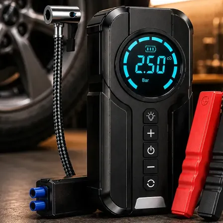 Auxiliar de Partida e Compressor de Ar Portátil 6 em 1 Inteligente para Carro, Moto e Bicicleta com Lanterna e Power Bank